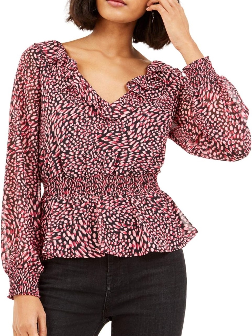 NWT Bar III Women’s L Pink/Black Animal Print Blouse Ruffle Neck Open Back LS
